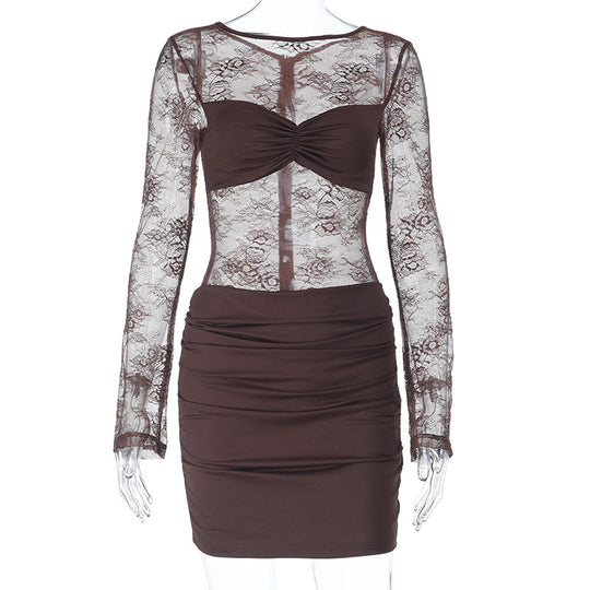 Damen Spitzenkleid mit gerafftem Rock und tiefem V-Ausschnitt EB