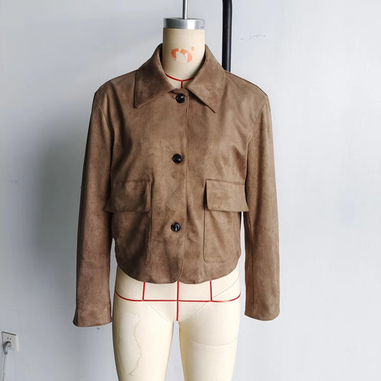 Damen modische Kurzjacke aus hochwertigem Wildlederimitat mit praktischen Taschen EB