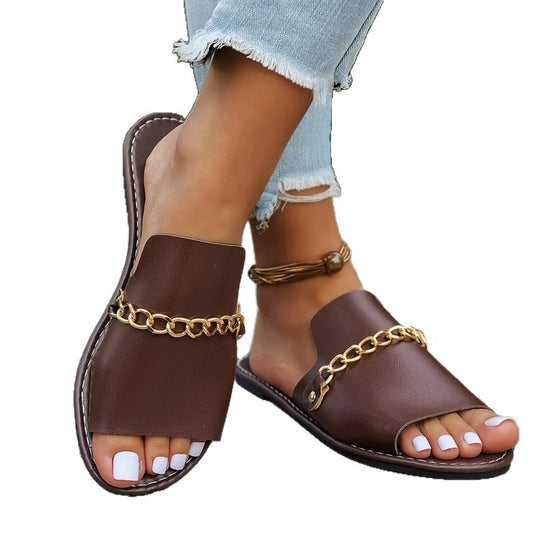 Damen modische Slides mit goldener Kettenverzierung EB