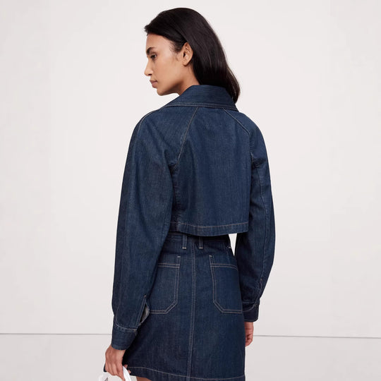 Damen nan Cropped-Denim-Zweiteiler mit kurzer Jeansjacke und tailliertem Minirock EB