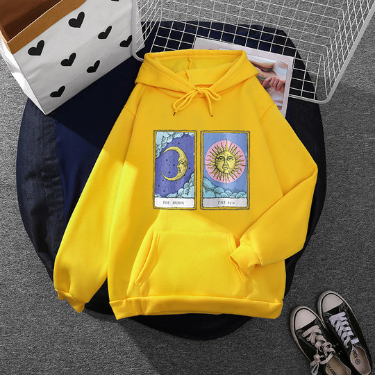 Damen nan leichter Oversize Kapuzenpullover mit Herz‑EKG‑Motiv, langen Kordeln und elastischem Bund EB