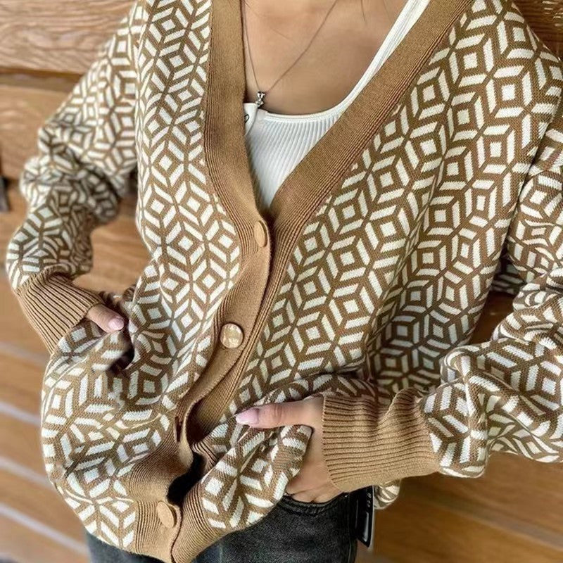 Damen Strick-Cardigan mit modernem geometrischen Muster und praktischen Taschen EB