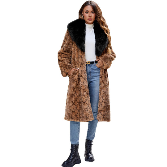 Damen Eleganter Kunstpelzmantel mit breitem Kragen EB