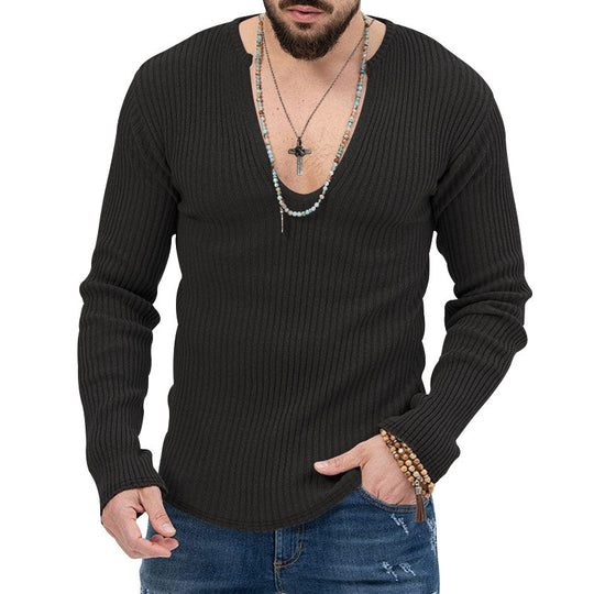 Herren elegantes Langarmshirt mit tiefem V-Ausschnitt und strukturiertem Gewebe EB