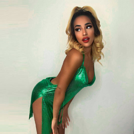 Damen glänzendes Minikleid im lässigen Chic-Stil mit Halternack EB
