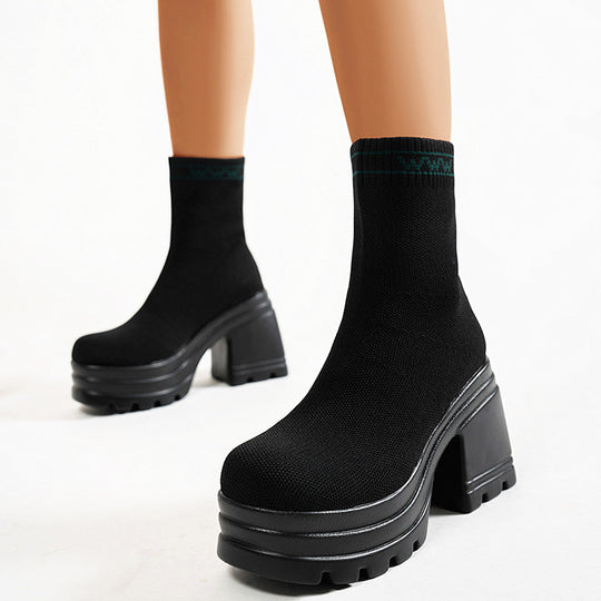 Damen Chunky High-Top Stiefel mit rutschfester Sohle und elastischem Obermaterial EB