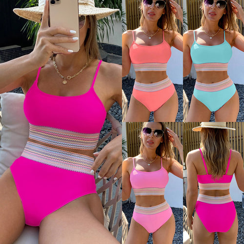 Damen Sportliches Bikini-Set mit hohem Bund und dekorativer Akzentborte EB