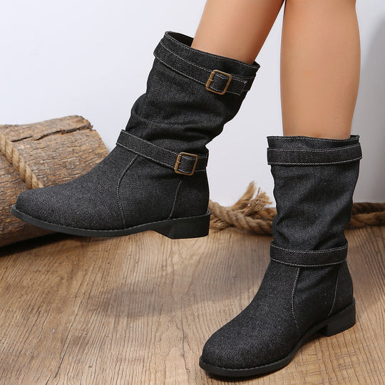 Damen Stiefeletten mit modischem Falten-Design und verstellbarem Riemen EB