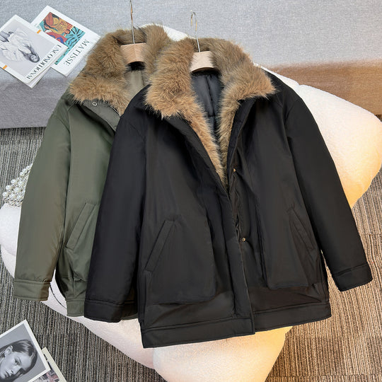 Damen nan mittellanger winddichter Winterparka mit abnehmbarem Kunstfellkragen, wattierter Innenblende und asymmetrischem Saum EB