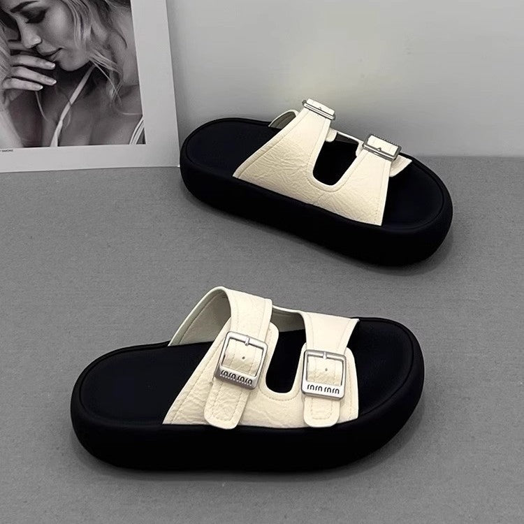 Damen komfortable Plattform-Pantoletten mit verstellbaren Riemen und ergonomischer Innensohle EB
