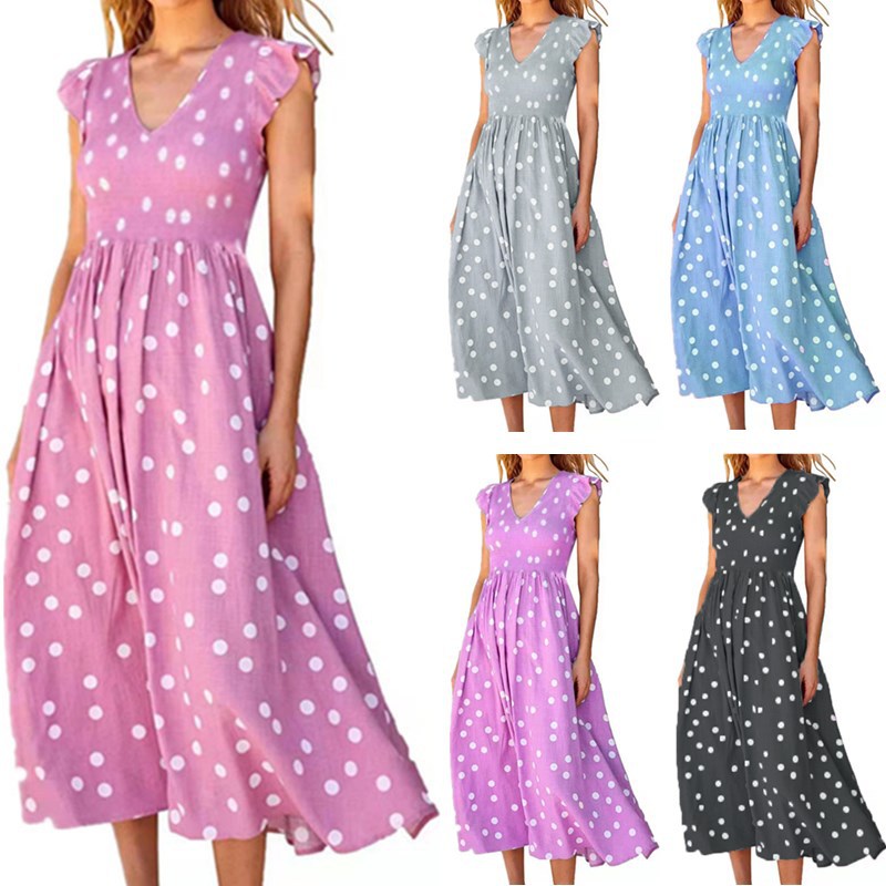 Damen Maxikleid mit einem verspielten Punktmuster und V-Ausschnitt EB