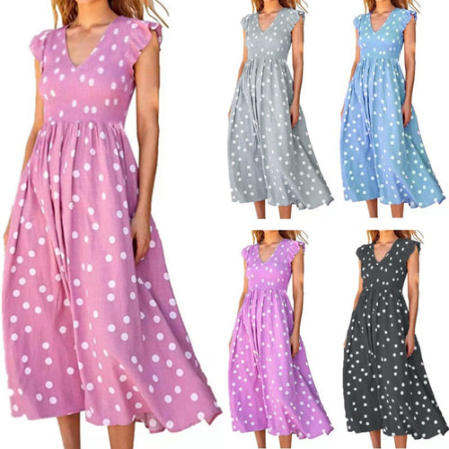 Damen Maxikleid mit einem verspielten Punktmuster und V-Ausschnitt EB