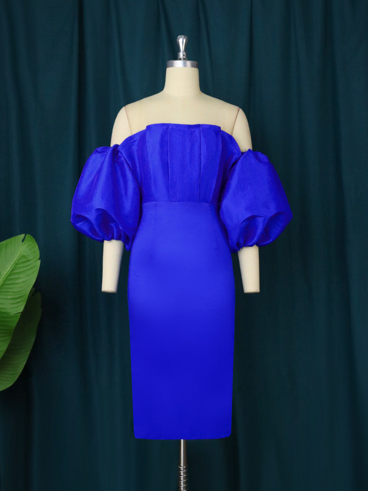 Damen figurbetontes Kleid mit schulterfreiem Design und voluminösen Puffärmeln EB
