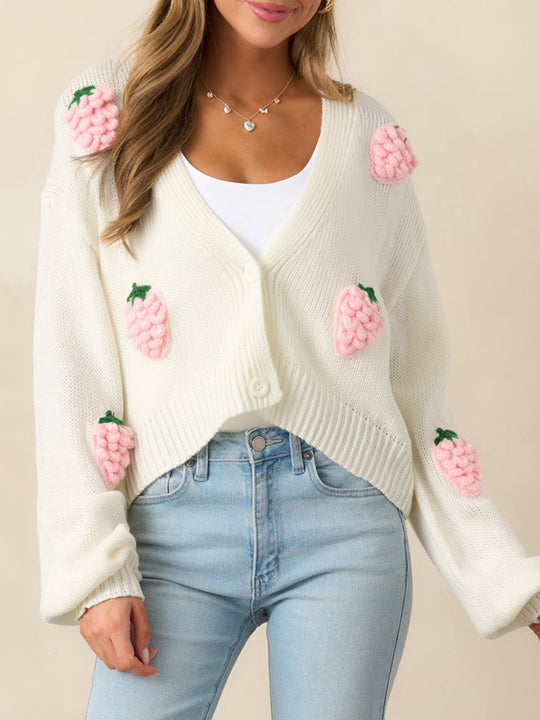 Damen lässige Strickjacke mit fruchtigen Applikationen und offenen Ärmeln EB
