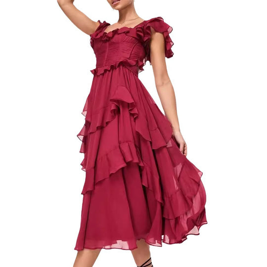 Damen Rüschen Maxikleid mit fließendem Schnitt und romantischem Design EB