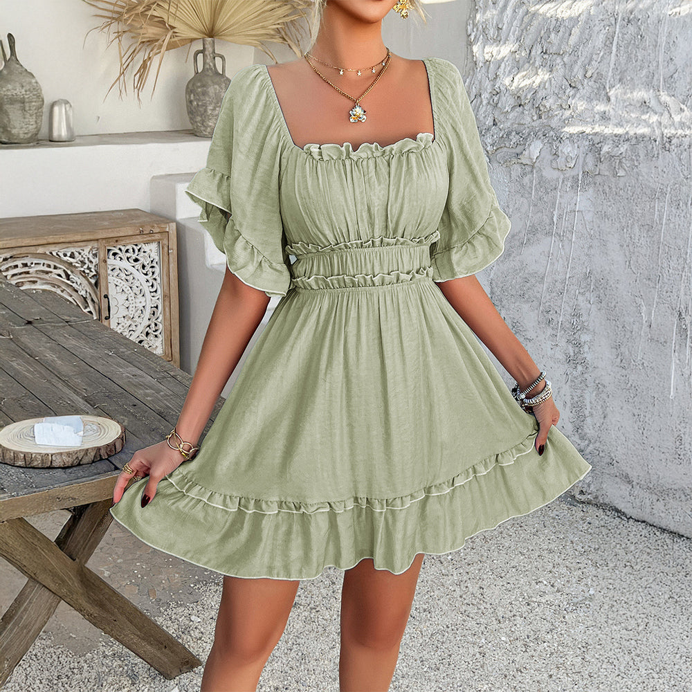 Damen romantisches Rüschensommerkleid mit elastischem Taillenbund EB