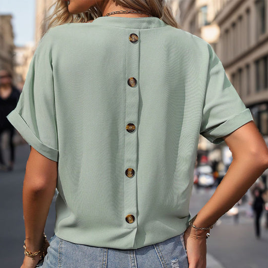 Damen Lässiges V-Ausschnitt Blusenshirt mit Brusttasche und umgeschlagenen Ärmeln EB
