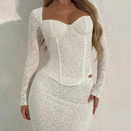 Damen elegante Spitzenbluse mit langem Arm und tailliertem Schnitt EB