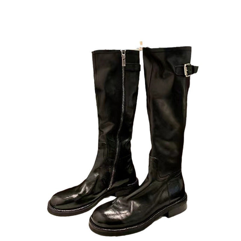 Damen Überknie-Stiefel aus hochwertigem Leder mit robustem Reißverschluss und modischen Schnallen EB