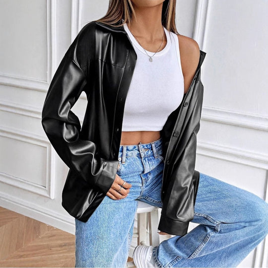 Damen modische Kunstlederjacke im schicken Oversized-Stil EB