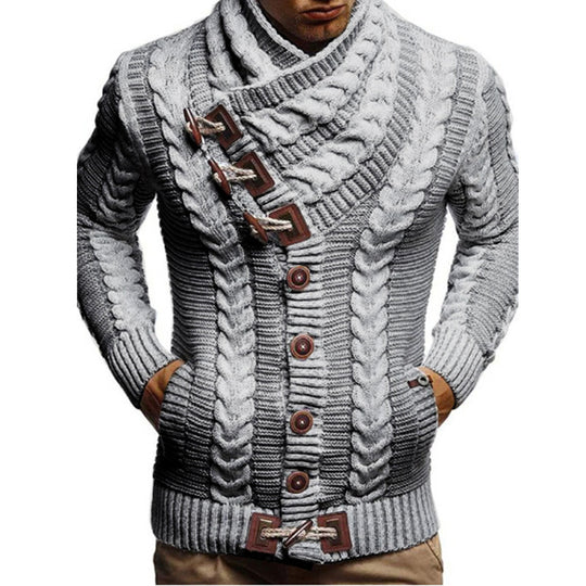 Herren Grobstrickjacke mit kreativem Schalkragen und Knopfdetails EB