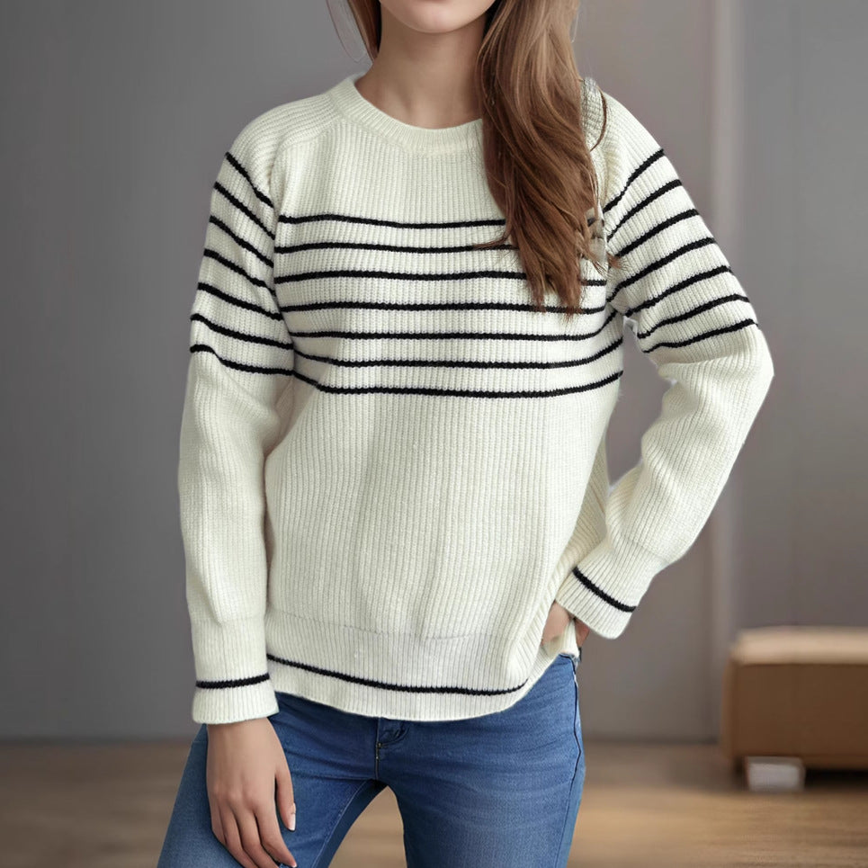 Damen lässiger Pullover mit modischem Streifenmuster und weitem Schnitt EB