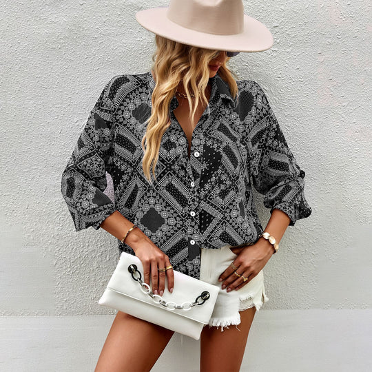 Damen nan lockere Paisley-Hemdbluse mit Button‑Down, Oversize‑Schnitt und 3/4‑Ärmeln EB