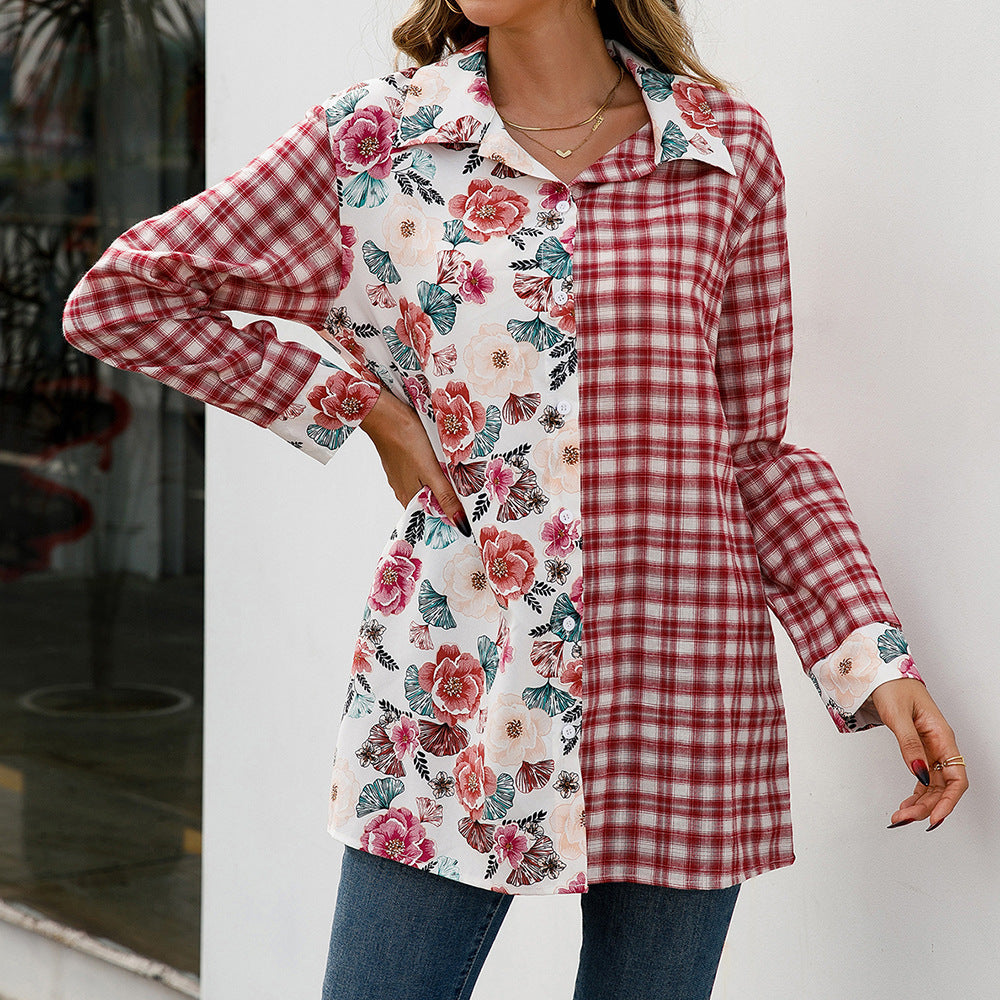 Damen Trendige Karobluse mit floralem Patchwork-Design EB