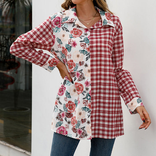 Damen Trendige Karobluse mit floralem Patchwork-Design EB