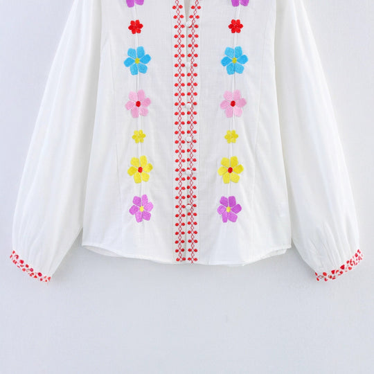 Damen Bluse mit bunten Stickereien und romantischem Rüschendesign EB