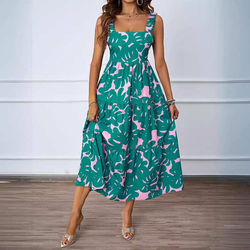 Damen Maxikleid mit verspieltem Rüschendesign und gemustertem Oberteil EB