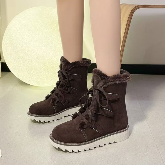 Damen  gefütterte Schnürstiefelette mit Kunstfellkragen, elastischen Schlaufendetails und gezahnter Profilsohle EB