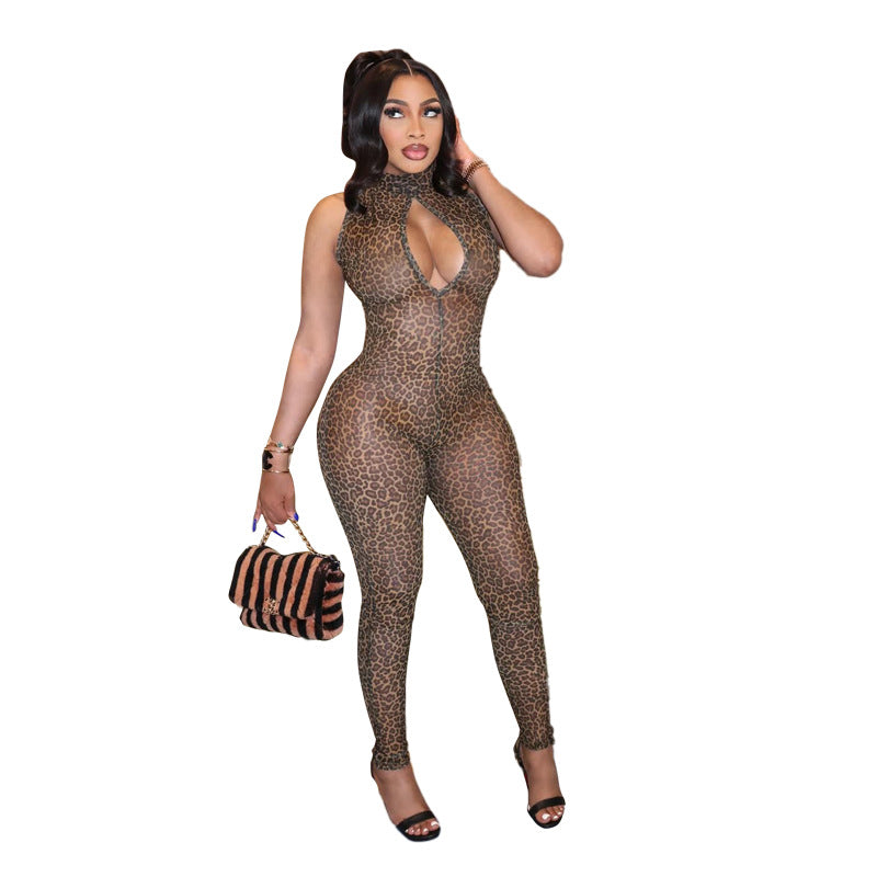 Damen Figurbetonter Jumpsuit mit tiefem Ausschnitt und Leopardenmuster EB