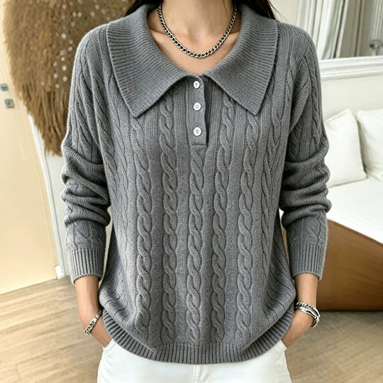 Damen Kabelstrick-Polo-Pullover mit großem Umlegekragen und lockerer Silhouette EB