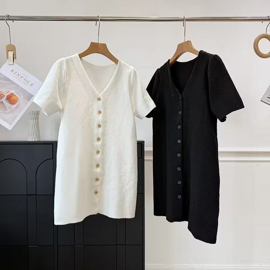 Damen Knopf-Down Kleid mit V-Ausschnitt und kurzen Ärmeln EB