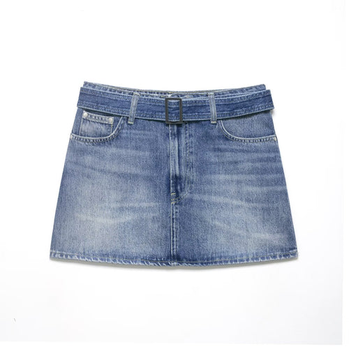 Damen Jeansrock mit verstellbarem Gürtel und klassischen Taschen EB