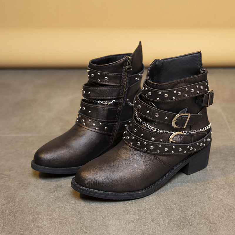 Damen Stiefeletten mit modischen Schnallen und dekorativen Nieten EB