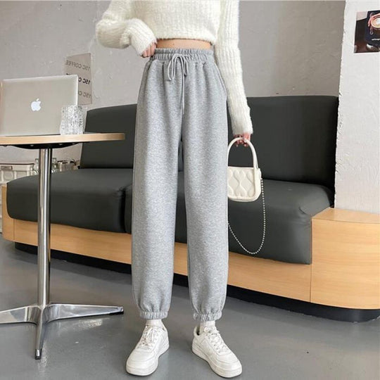 Damen nan weite hochgeschnittene Sweatpants mit elastischem Bund Kordelzug und gerippten Knöchelbündchen EB