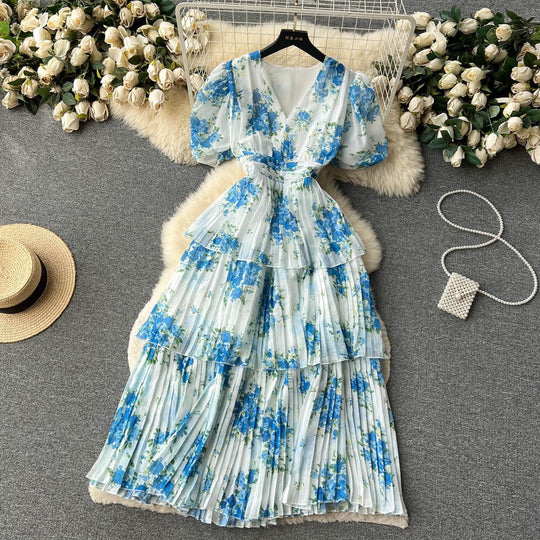 Damen Maxi-Kleid mit voluminösen Rüschendetails und floralem Design EB
