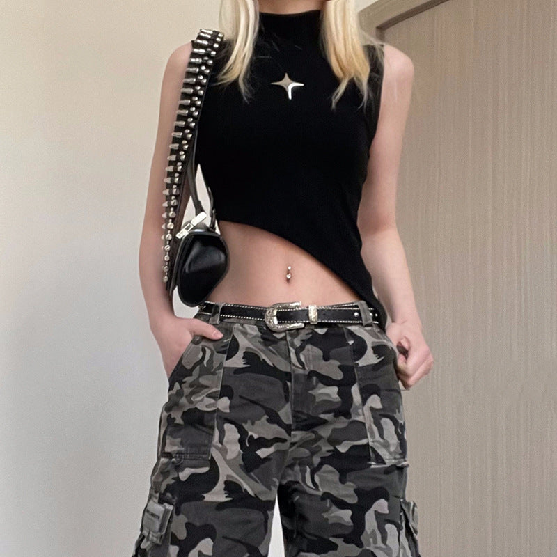 Damen asymmetrisches Crop-Top mit modernem Design und dekorativen Details EB