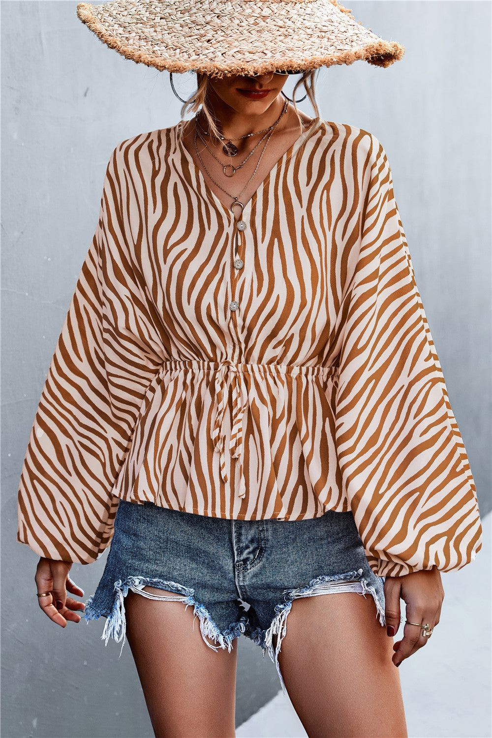 Damen Oversize Bluse mit Zebra-Print und taillierter Raffung EB