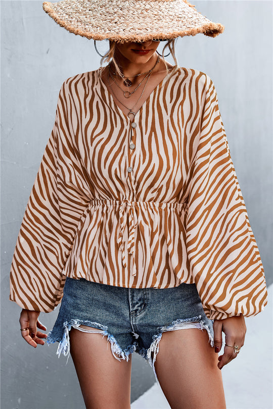 Damen Oversize Bluse mit Zebra-Print und taillierter Raffung EB