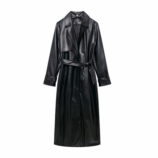 Damen Kunstleder-Trenchcoat mit elegantem Schnitt und taillierbarem Gürtel EB