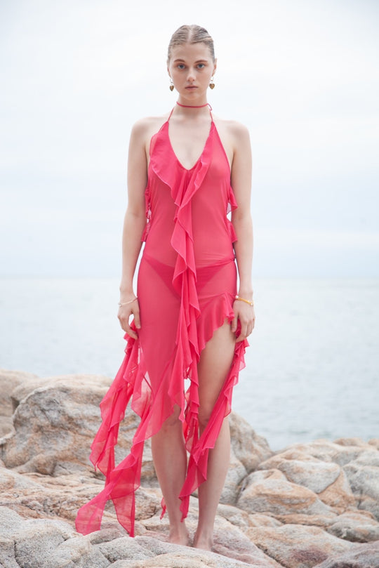 Damen luftiges Strandkleid mit Rüschendetails und spannender Transparenz EB