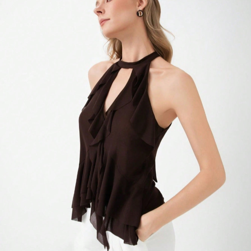Damen elegantes Rüschenoberteil mit hochgeschlossenem Design EB
