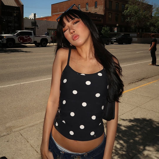 Damen ärmelloses Top mit verspieltem Polka-Dots Muster und figurbetontem Schnitt EB