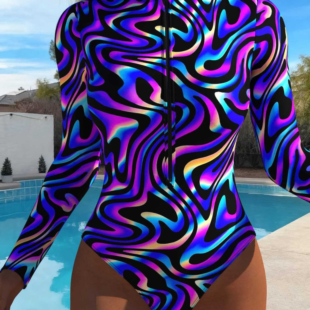 Damen eleganter Langarm-Schwimmanzug mit aufregendem Wellenmuster und hohem Kragen EB