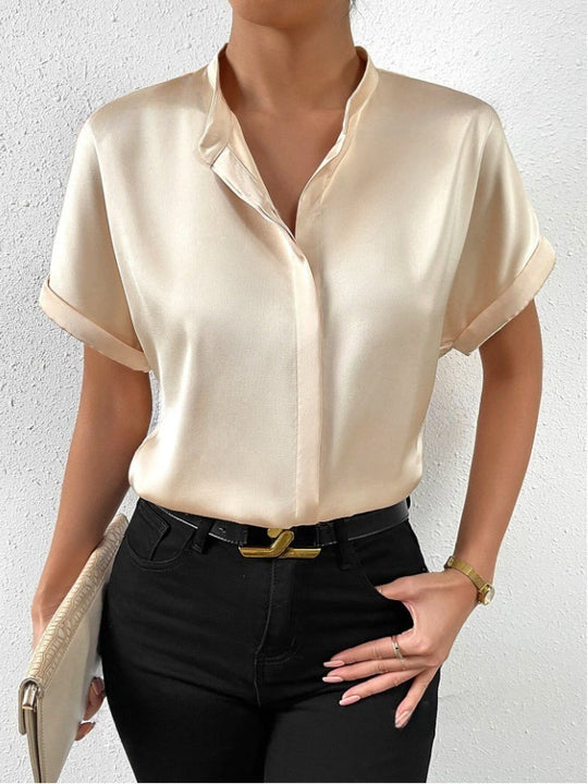 Damen elegante Kurzarmbluse mit asymmetrischem Kragen EB