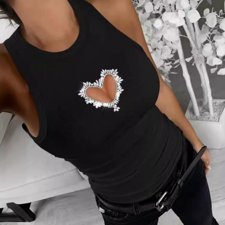 Damen Sportliches Top mit Herz-Ausschnitt und Strassapplikationen EB