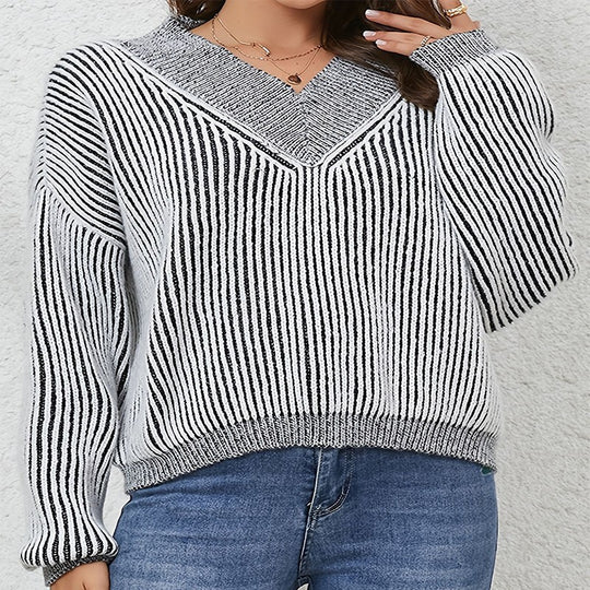 Damen lässiger V-Ausschnitt Pullover mit Streifenmuster EB